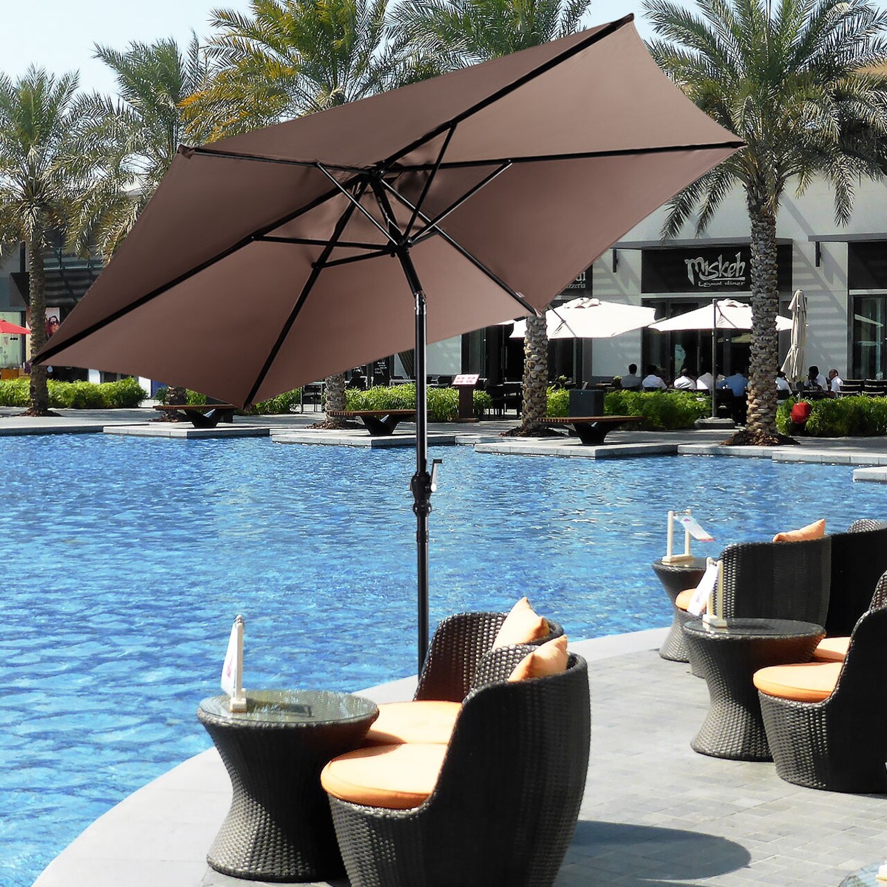 Costway 9ft Patio Umbrella Patio Market Steel Tilt w/ Crank Outdoor Yard Garden (Tan)